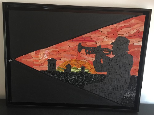 Tableau en mosaïque représentant un trompettiste réalisé avec des plaques de verre et du grès cérame